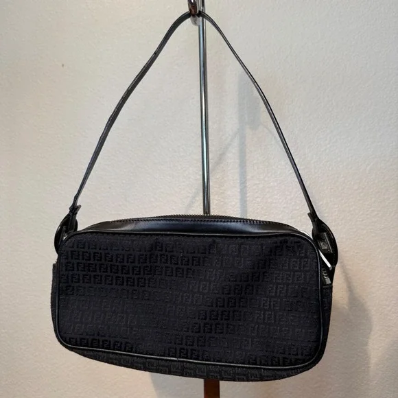 Vintage Fendi Zucca Zucchino Canvas Baguette Bag Black FF Monogram Double Zip - Picture 3 of 15